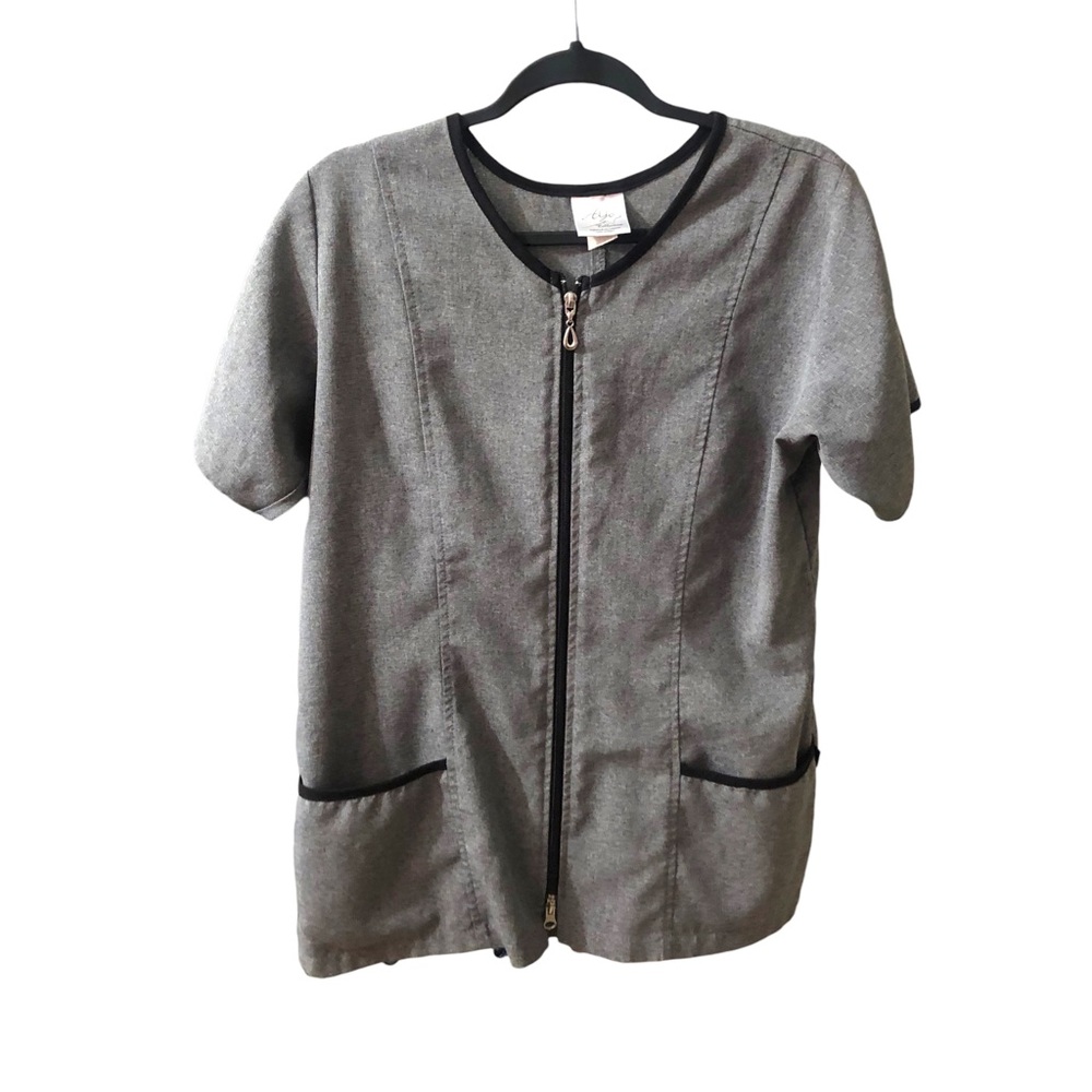 Aljo Uniforms M top shirt full zipper heather grey and black short sleeve